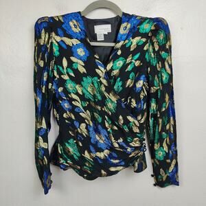 Vintage Warren Petites Metallic Wrap Top Womens 6 Black Blue Holiday‎ Party